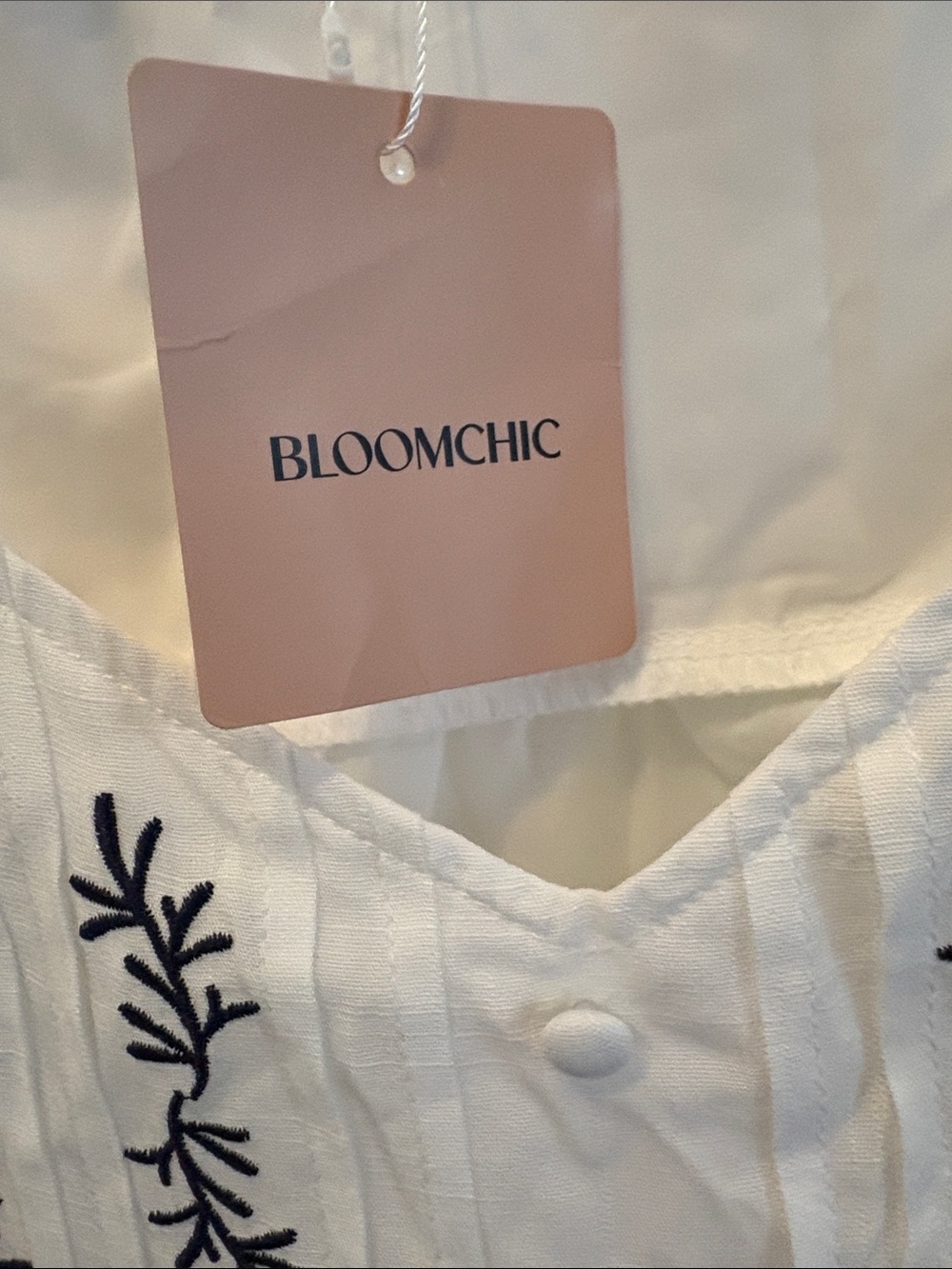 BloomChic White Eyelet Sleeve Button-Front Blouse with Black Embroidery - Picture 4 of 7